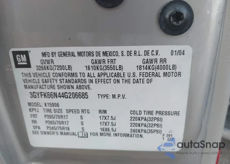 2004 Cadillac Escalade Standard z USA, uszkodzony, nr VIN 3GYFK66N44G206685